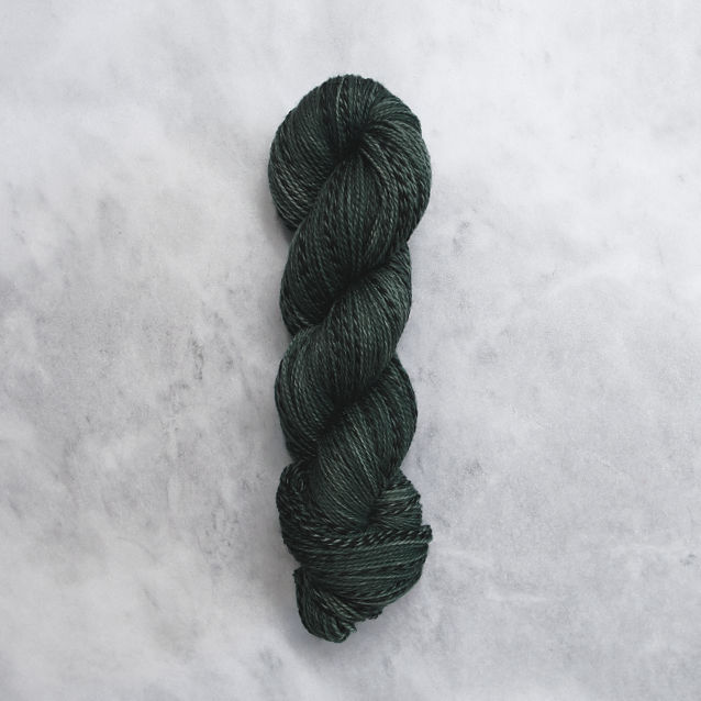 Dark grey-green skein of yarn with black stripes.