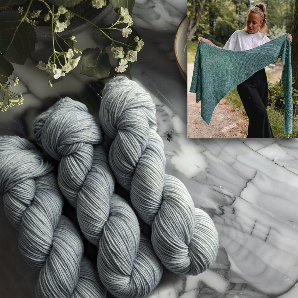 Featherfin Yarn set of 3 skeins Super Sock in colorway Silver for the Jade Wrap by Katharina Lehmann.