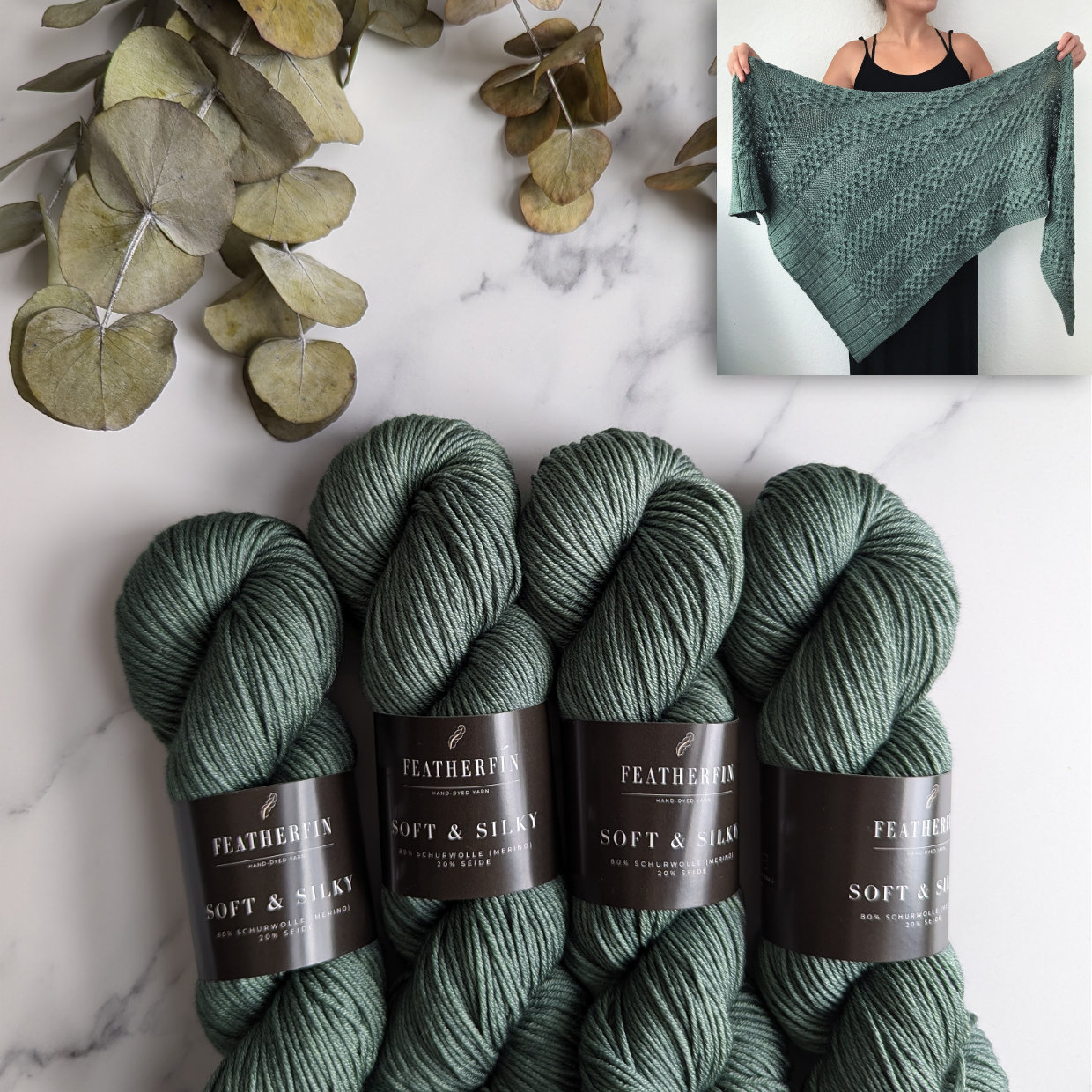 Featherfin Yarn set of 4 skeins Soft & Silky in colorway Pistachio for the Sweet Pistachio Shawl by Katharina Lehmann.