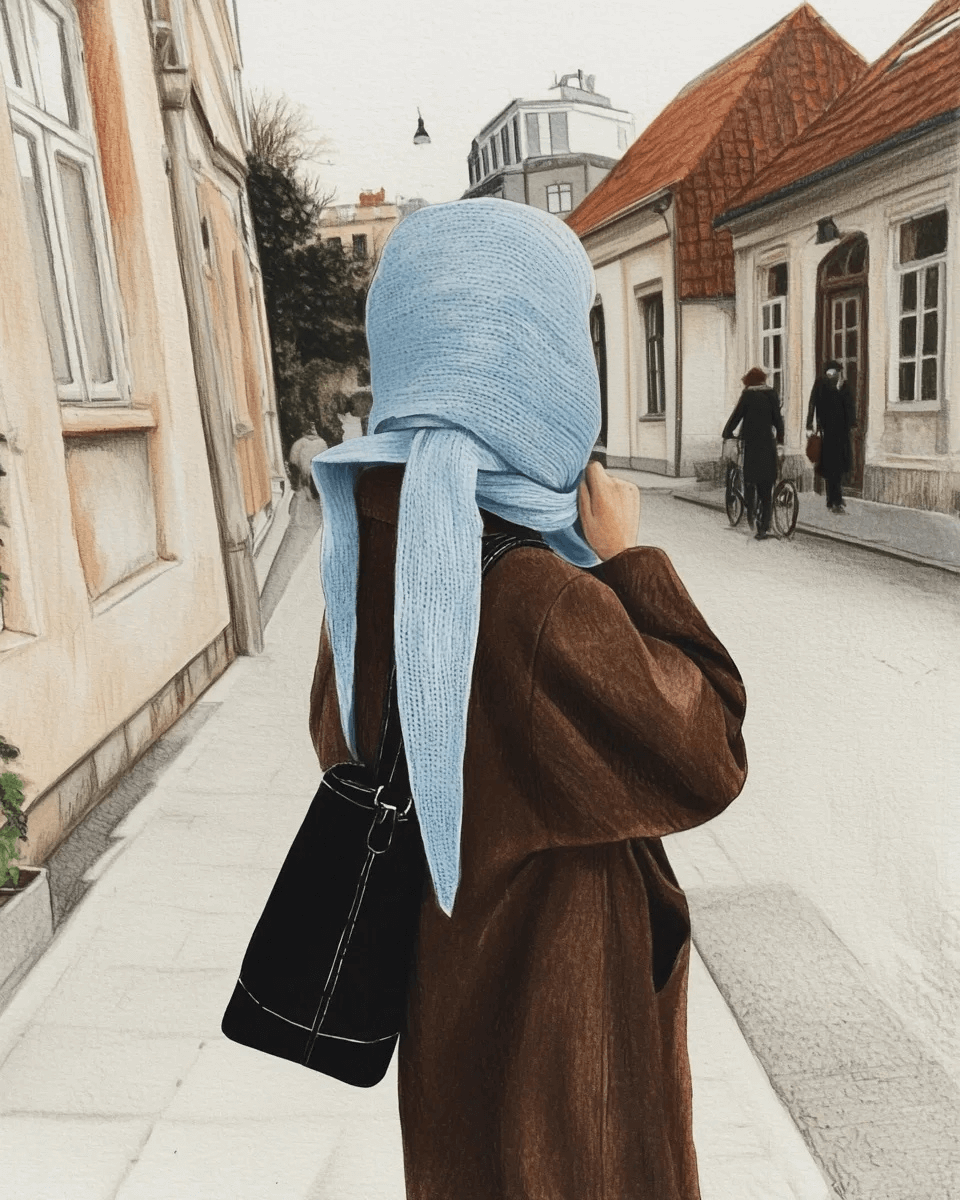 Colored sketch of a person wearing a light blue hooded scarf around her head in Copenhagen.